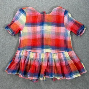 Zara Plaid Tie Back Peplum Shirt Womens Small Red Short Sleeve Ruffle Round Neck thumbnail 2