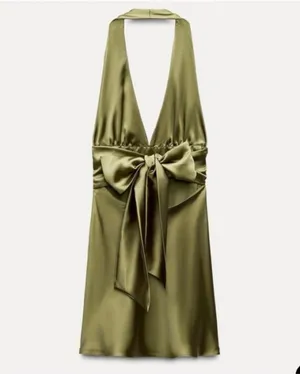 Zara dress halter open back tie bow Elegant Olive Green Satin wedding party thumbnail 14
