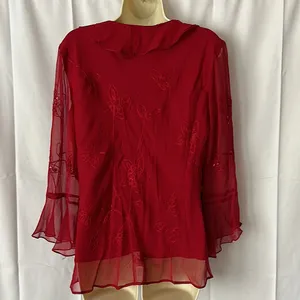 Silkland Gorgeous 💯% Silk Flutter Sleeves Red Sequin Shirt Top **Size L** 🔥🔥 thumbnail 2