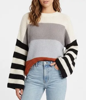 Shop the Mint Sweater Women Large Multi Striped Shaker-Stitch Knit Drop Shoulder thumbnail 1