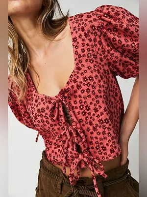 Free People Sweet Sun Top Puff Sleeve Tie-Front Cropped Top size Small thumbnail 9