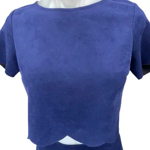 Aqua Women's Blue Faux Suede Scalloped 2-Pc Crop Top & Mini Pencil Skirt Set M thumbnail 3
