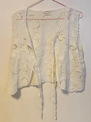 Lucky Brand Festival Lacey Embroidered Open Front Tie Top Cream Womens Medium thumbnail 4
