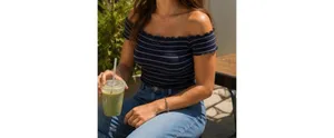 Aeropostale Navy & White Striped Off Shoulder Bardot Top M thumbnail 2