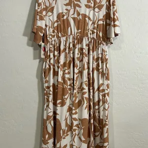 SPLA Tan White Leaf Print Faux Wrap Midi Dress Ruffle Tropical Summer Large NWT thumbnail 7