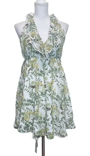 Angel Biba Tropical Leaves Print Halter Mini Dress Sz 12 Backless Angelcore Glam thumbnail 1