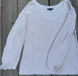 american eagle cream knit v-neck sweater thumbnail 1