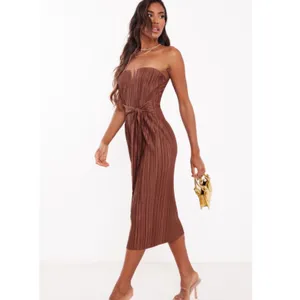 New PrettyLittleThing Chocolate Brown Plisse V Bar Tie‎ Waist Midi Dress Size 4 thumbnail 3