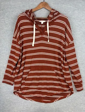 Market & Spruce Striped Hoodie Rust Orange White Pullover 1X Pocket Curved Hem thumbnail 1