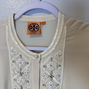 Tory Burch Size-8 Silk Embellished Blouse 3/4 Sleeve‎ Top Ivory thumbnail 13