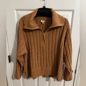 Aerie Cable Oversized Knit Stretch Sweater Quarter 1/4 Zip Soft Tan L thumbnail 2