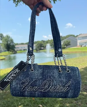 Von Dutch Dark Denim Crystal Logo Barrel Bag with Chain Straps thumbnail 1