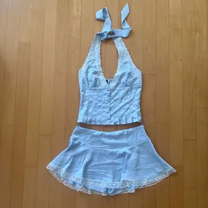 Princess Polly Over Here satin blue with lace trim halter top and skort set thumbnail 2