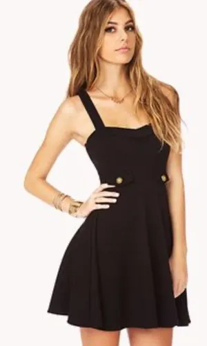 Forever 21/Ellen Black Textured Skater Mini Dress Gold Buttons XS thumbnail 1