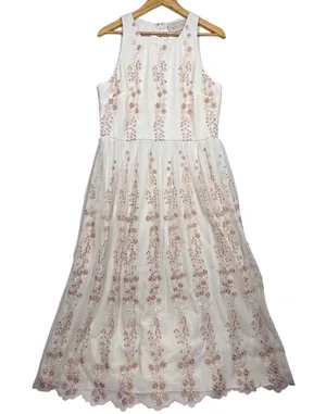BHLDN‎ Embroidered Parsons Tulle Maxi Dress Formal Gown White Pink US 14 thumbnail 1