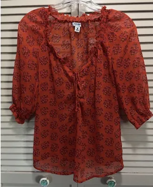 Old Navy Blouse Size‎ XS Orange/Purple Floral Tie/Smocked Neck 1/2 Puff Sl Sheer thumbnail 1