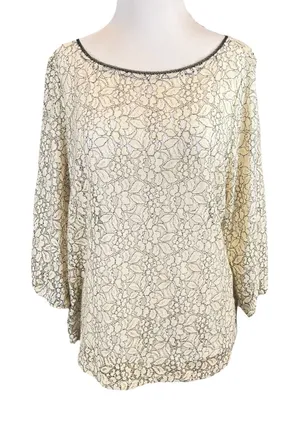 LOFT Cream Floral Lace Button Back‎ Blouse Romantic Feminine Top Large thumbnail 1