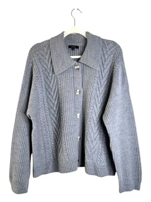 Quince Australian Merino Wool Collared Cable Cardigan Heather Grey XS thumbnail 2