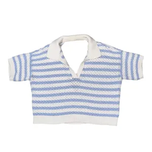 Maeve Anthropologie Knit Polo Top Womens Large Blue White Striped Surplice Back thumbnail 4