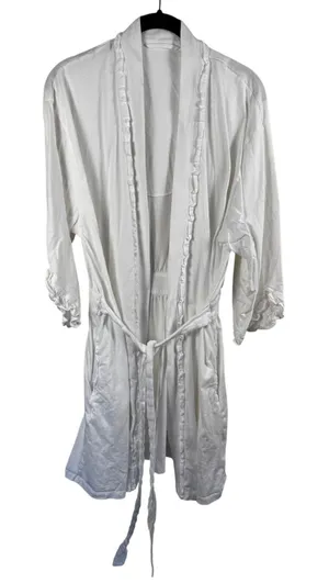 Eileen West Robe Womens L XL White Ruffle‎ Trim Belted Cotton Loungewear thumbnail 1