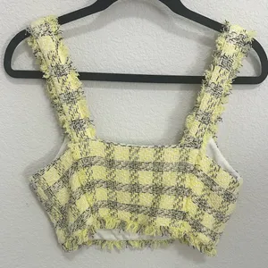 Zara Textured Weave Frayed Hem Yellow Black Tweed Clueless Crop Top Y2K Medium thumbnail 7