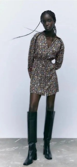 Zara Dress Womens Size Large Black‎ Floral Long Sleeve V Neck Mini New thumbnail 1