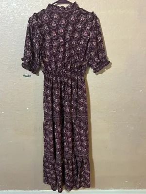 Max Studio Plum Floral Smocked Waist Tiered Ruffle V-Neck Boho thumbnail 2