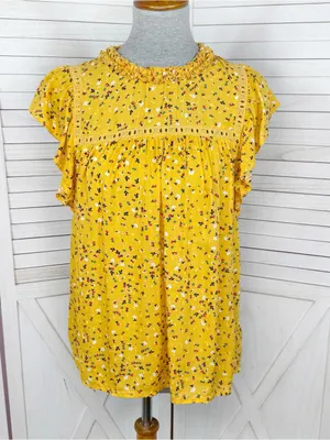 Loft Floral Flutter Sleeve Ruffle‎ Collar Blouse Top Yellow Small Cottageore thumbnail 1