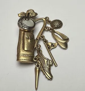 Golf Club Bag With Golfing Charms Brooch Pin Gold Tone thumbnail 1