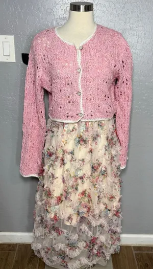 Cider 2 Piece Cottage Ruffle Midi Ruffled Dress with Pink Cardigan, M thumbnail 1
