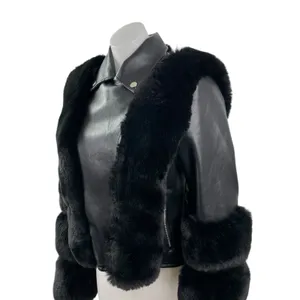 Women's Black Faux Fur Trim Faux Vegan Leather Crop Moto Biker Coat Jacket Sz S thumbnail 3