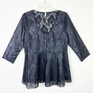 Free People Black Shimmer Sheer Floral Lace Henley Neck Flare Blouse Top Size L thumbnail 3
