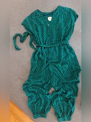 Anthropologie Maeve Geoscope button up tie waist jumpsuit. Green and Navy thumbnail 2