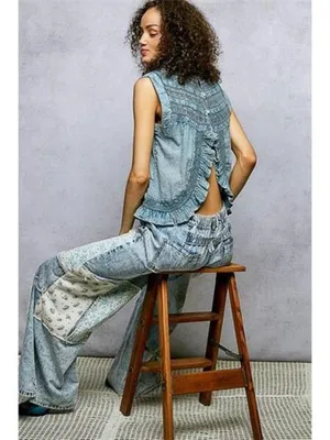 POL Button Closure on Back Ruffled Sleeveless Cotton Blouse with Trim Detail‎ thumbnail 5