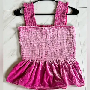 Anthropologie Pink Smocked peplum velvet sleeveless blouse size s thumbnail 3