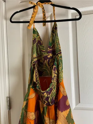 Raj 100% Silk Boho Halter Dress Size S Multi-Color Patchwork India thumbnail 11