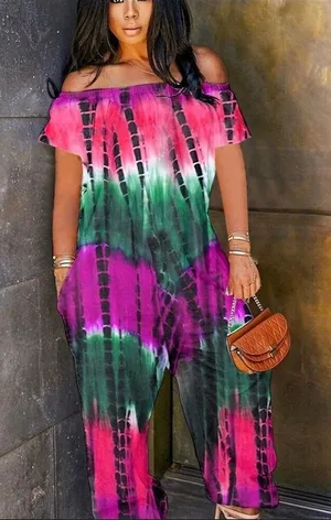 Tie Dye Off the Shoulder Jumpsuit with Pockets, Casual Polyester Large thumbnail 1