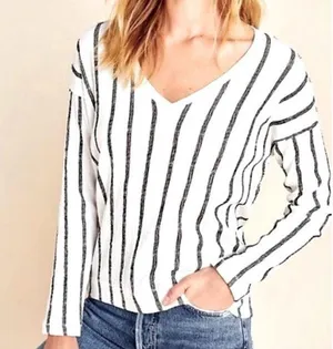 Anthropologie Willa Stripe V Neck Textured Boho Long- sleeve Top W-040 Sz S thumbnail 1