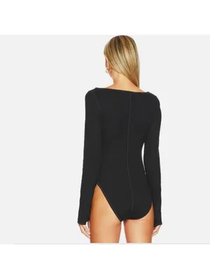 NWT Free People Intimately Sloane Long Sleeve Henley Black bodysuit size xs thumbnail 3