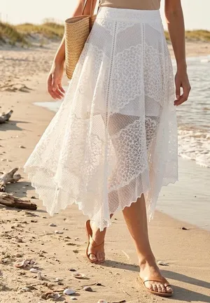 Vintage | Mid-Rise Lace Crochet Asymmetrical Midi Skirt In White Size Large thumbnail 1