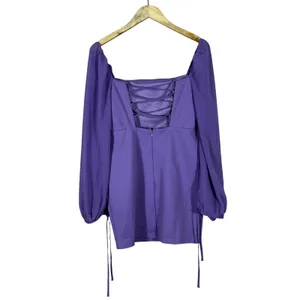 NWT Lulus Lace-Up Back Solid Mini Dress Purple Romantic Puff Sleeve Size S thumbnail 6