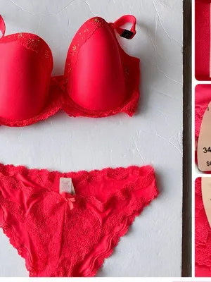 Victoria’s Secret Neon Coral Lace Push Up Bra 34DDD & Medium Panty NEW thumbnail 7