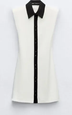 Zara White Mini Dress with Black Collar and Placket thumbnail 1