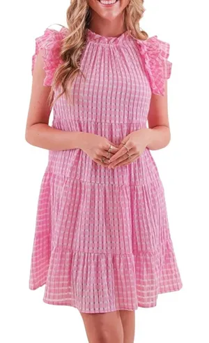 Entro Pink Plaid‎ Checkered Gingham Dress Small Tiered Babydoll Mini Ruffle Neck thumbnail 1
