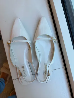 Larroude White Patent Pointed Mary Jane Slingback Flats- worn 1/2x thumbnail 7