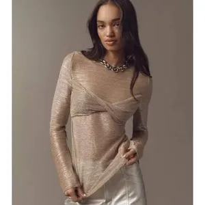 Anthropologie Top Women XL Gold Twisted Knot Metallic‎ Long Sleeve Shimmer Sable thumbnail 3