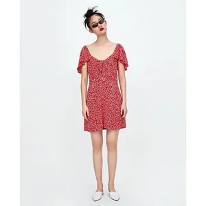 Zara Red Floral Sweetheart Neck Flutter Sleeve Bow Smocked Back Mini Dress Sz S thumbnail 2