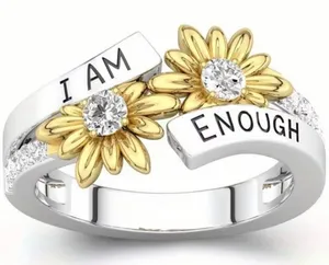 Elegant Stainless Steel Silver Sunflower Design Press” I am Enough” Ring Size 6 thumbnail 1