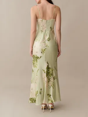 Few Moda o.p.t. Mazzy Green Size M Floral Silk Slip Maxi Dress thumbnail 4