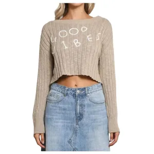 “Good Vibes” Rib Knit Crop Long Sleeve Sweater Tan Size Medium‎ thumbnail 5